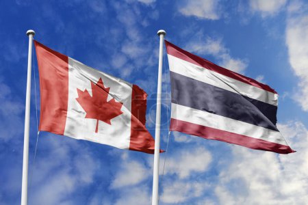 Ilustración 3d. Bandera de Canadá y Tailandia ondeando en el cielo. Alta bandera ondeante detallada. Representación 3D. Saludando en el cielo. Banderas ondeaban en el cielo nublado.