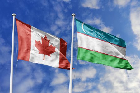 Ilustración 3d. Bandera de Canadá y Uzbekistán ondeando en el cielo. Alta bandera ondeante detallada. Representación 3D. Saludando en el cielo. Banderas ondeaban en el cielo nublado.
