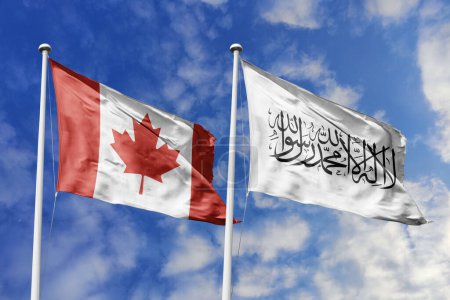 Photo for 3d illustration. Canada and Islamic Emirate of AfghanistanFlag waving in sky. High detailed waving flag. 3D render. Waving in sky. Flags fluttered in the cloudy sky. - Royalty Free Image