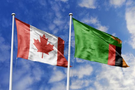 Ilustración 3d. Bandera de Canadá y Zambia ondeando en el cielo. Alta bandera ondeante detallada. Representación 3D. Saludando en el cielo. Banderas ondeaban en el cielo nublado.