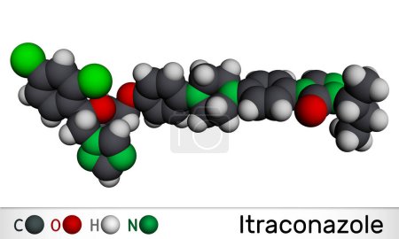Foto de Molécula de itraconazol. Es medicamento antifúngico triazol utilizado para el tratamiento de diversas infecciones fúngicas. Modelo molecular. Renderizado 3D - Imagen libre de derechos