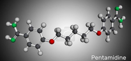 Téléchargez les photos : Molécule de pentamidine. Il est antimicrobien, médicament antifongique. Utilisé pour traiter la pneumonie à Pneumocystis chez les patients infectés par le VIH. Modèle moléculaire. rendu 3D - en image libre de droit