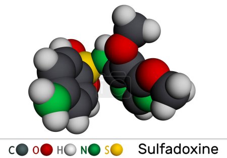 Photo for Sulfadoxine, sulphadoxine molecule. It is long acting sulfonamide used for the treatment of malaria. Molecular model. 3D rendering. Illustration - Royalty Free Image