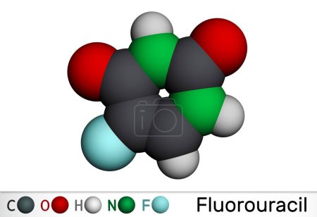 Foto de Fluorouracilo, molécula de 5-FU. Es un medicamento de quimioterapia citotóxica análogo de pirimidina que se usa para tratar el cáncer. Modelo molecular. Representación 3D. Ilustración - Imagen libre de derechos