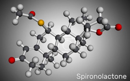 Foto de Molécula de espironolactona. Es antagonista del receptor de aldosterona utilizado para el tratamiento de la hipertensión, hiperaldosteronismo, edema. Modelo molecular. Representación 3D. Ilustración - Imagen libre de derechos