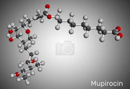 Foto de Molécula de mupirocina. Es ungüento antibacteriano utilizado para tratar el impétigo y las infecciones de la piel. Modelo molecular. Representación 3D. Ilustración - Imagen libre de derechos