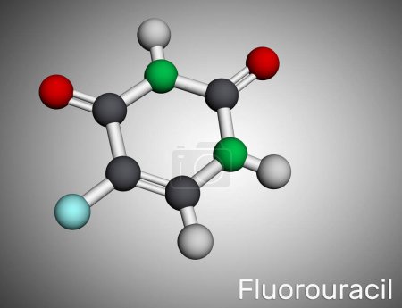 Foto de Fluorouracilo, molécula de 5-FU. Es un medicamento de quimioterapia citotóxica análogo de pirimidina que se usa para tratar el cáncer. Modelo molecular. Representación 3D. Ilustración - Imagen libre de derechos