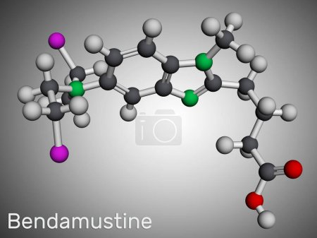 Téléchargez les photos : Molécule de bendamustine. Il est un agent alkylant, utilisé dans le traitement de la leucémie lymphocytaire. Modèle moléculaire. rendu 3D. Illustration - en image libre de droit