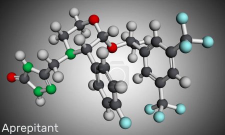 Photo for Aprepitant drug molecule. It is used to treat nausea and vomiting caused by chemotherapy and surgery. Molecular model. 3D rendering. Illustration - Royalty Free Image