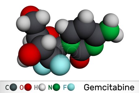Foto de Molécula de gemcitabina. Es un agente antineoplásico utilizado en la terapia del cáncer de páncreas, pulmón, mama, ovario, vejiga. Modelo molecular. Representación 3D. Ilustración - Imagen libre de derechos
