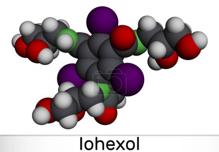 Foto de Molécula de iohexol. Es agente de contraste utilizado en la mielografía y realce de contraste para la tomografía computarizada. Modelo molecular. Representación 3D. Ilustración - Imagen libre de derechos