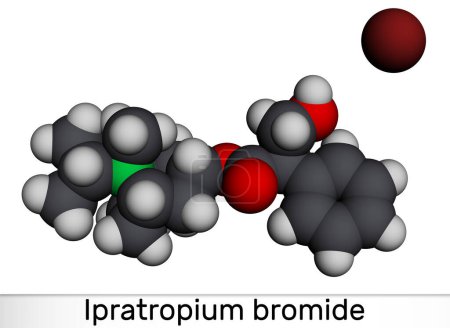Foto de Molécula de bromuro de ipratropio. Es broncodilatador, antiespasmódico, medicamento anticolinérgico. Modelo molecular. Representación 3D. Ilustración - Imagen libre de derechos