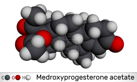 Foto de Acetato de medroxiprogesterona, MPA, acetato de medroxiprogesterona de depósito, molécula de DMPA. Es droga de la hormona de la progestina, anticonceptivo. Modelo molecular. Representación 3D. Ilustración - Imagen libre de derechos