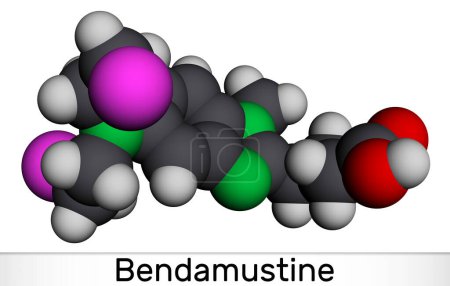 Téléchargez les photos : Molécule de bendamustine. Il est un agent alkylant, utilisé dans le traitement de la leucémie lymphocytaire. Modèle moléculaire. rendu 3D. Illustration - en image libre de droit