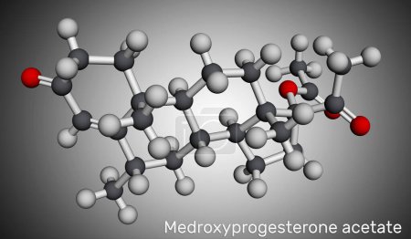 Téléchargez les photos : Acétate de médroxyprogestérone, MPA, acétate de médroxyprogestérone de dépôt, molécule DMPA. C'est progestatif hormone médicament, contraceptif. Modèle moléculaire. rendu 3D. Illustration - en image libre de droit