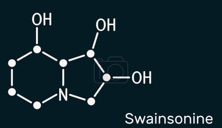 Téléchargez les photos : Swainsonine, molécule de tridolgosir. C'est alcaloïde d'indolizidine de la plante Swainsona, avec l'activité immunomodulatrice. Formule chimique squelettique, fond bleu foncé. Illustration - en image libre de droit