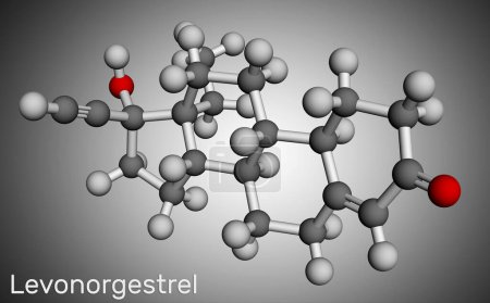 Foto de Levonorgestrel progestina molécula. Es progestágeno sintético, anticonceptivo. Modelo molecular. Representación 3D. Ilustración - Imagen libre de derechos