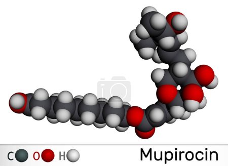 Foto de Molécula de mupirocina. Es ungüento antibacteriano utilizado para tratar el impétigo y las infecciones de la piel. Modelo molecular. Representación 3D. Ilustración - Imagen libre de derechos