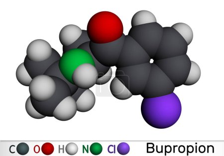 Foto de Molécula de bupropión. Es un antidepresivo aminocetona, utilizado en la terapia de depresión y dejar de fumar. Modelo molecular. Representación 3D. Ilustración - Imagen libre de derechos