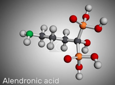Photo for Alendronic acid molecule. It is bisphosphonate drug, used for treatment of osteoporosis. Molecular model. 3D rendering. Illustration - Royalty Free Image