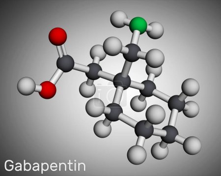 Foto de Gabapentin molecule. It is anticonvulsant medication, used to treat neuropathic pain and epilepsy. Molecular model. 3D rendering. Illustration - Imagen libre de derechos