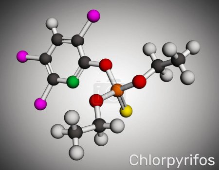 Chlorpyrifos, CPS molecule. It is organophosphate neurotoxicant, used as pesticide. Molecular model. 3D rendering. Illustration