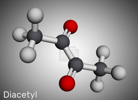 Téléchargez les photos : Diacétyl, molécule de butanedione. Il est présent dans les boissons alcoolisées et est ajouté comme arôme à certains aliments. Modèle moléculaire. rendu 3D. Illustration - en image libre de droit
