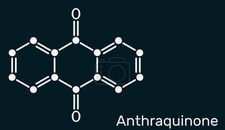 Téléchargez les photos : Anthraquinone, anthracènedione ou molécule de dioxoanthracène. C'est composé organique aromatique, classe de quinone. Formule chimique squelettique sur fond bleu foncé. Illustration - en image libre de droit