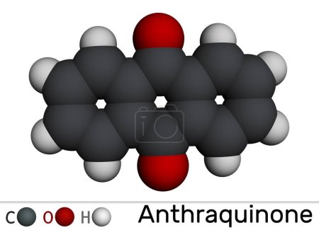 Téléchargez les photos : Anthraquinone, anthracènedione ou molécule de dioxoanthracène. C'est composé organique aromatique, classe de quinone. Modèle moléculaire. rendu 3D. Illustration - en image libre de droit