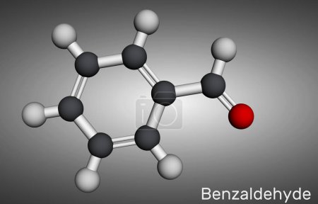 Foto de Benzaldehído, molécula de aldehído benzoico. Es el aldehído aromático más simple con olor a almendra amarga. Modelo molecular. Representación 3D. Ilustración - Imagen libre de derechos