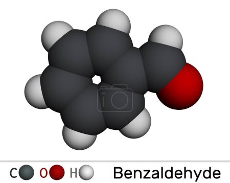 Photo for Benzaldehyde, benzoic aldehyde molecule. It is simplest aromatic aldehyde with odor of bitter almond. Molecular model. 3D rendering. Illustration - Royalty Free Image