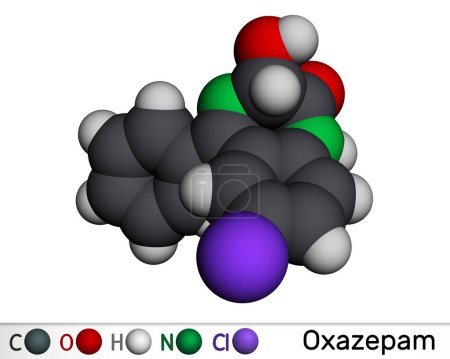 Foto de Molécula de oxazepam. Es benzodiazepina utilizada para tratar trastornos de pánico, ansiedad severa, insomnio Modelo molecular. Representación 3D. Ilustración - Imagen libre de derechos