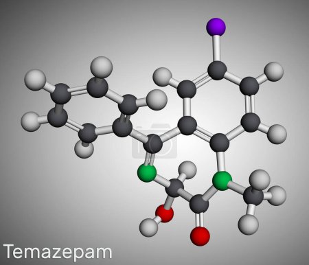 Foto de Molécula de Temazepam. Es benzodiazepina, utilizada para tratar trastornos de pánico, ansiedad severa, insomnio.. Modelo molecular. Representación 3D. Ilustración - Imagen libre de derechos