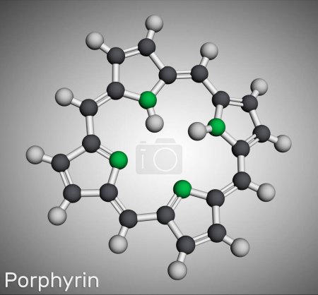 Foto de Porfina o Porfirina, miembro de la molécula de porfirinas. Es una clase de compuestos aromáticos macrocíclicos, como cofactor hemo de hemoglobina, citocromos. Modelo molecular. Representación 3D. Ilustración - Imagen libre de derechos
