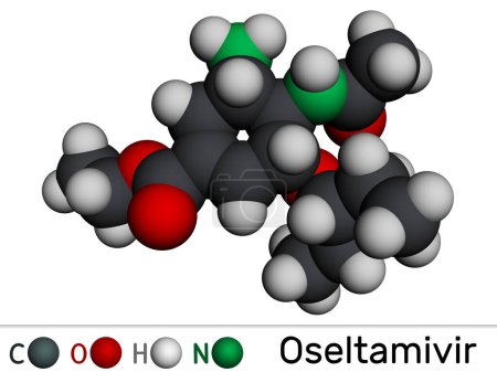 Molécula antiviral de Oseltamivir. Modelo molecular. Representación 3D. Ilustración 