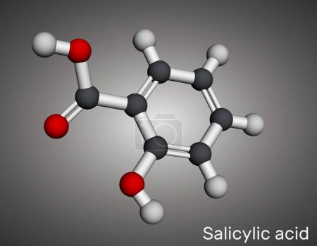 Salicylic acid molecule. It is used in the production of pharmaceuticals, in cosmetics. Molecular model. 3D rendering. Illustration