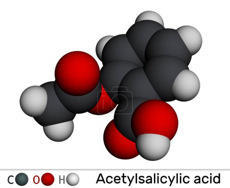 Acetylsalicylic acid, aspirin, ASA molecule. It is salicylate, analgesic and antipyretic drug. Molecular model. 3D rendering. Illustration 