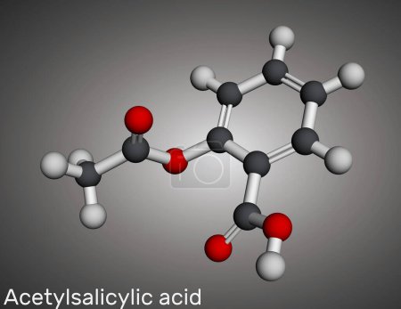 Acetylsalicylic acid, aspirin, ASA molecule. It is salicylate, analgesic and antipyretic drug. Molecular model. 3D rendering. Illustration 