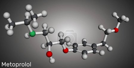 Metoprolol drug molecule. It is used in the treatment of hypertension and angina pectoris. Molecular model. 3D rendering. Illustration