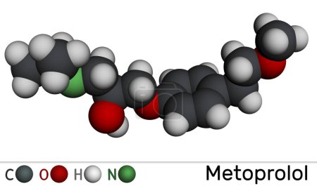 Metoprolol drug molecule. Se utiliza en el tratamiento de la hipertensión y la angina de pecho. Modelo molecular. Representación 3D. Ilustración