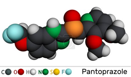 Téléchargez les photos : Molécule de pantoprazole. C'est un inhibiteur de la pompe à protons, un médicament contre l'ulcère gastrique. Modèle moléculaire. rendu 3D. Illustration - en image libre de droit