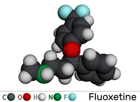 Fluoxetine molecule, is antidepressant of the selective serotonin reuptake inhibitor SSRI. Molecular model. 3D rendering. Illustration