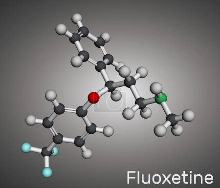 Fluoxetin ist ein Antidepressivum des selektiven Serotonin-Wiederaufnahmehemmers SSRI. Molekulares Modell. 3D-Rendering. Illustration