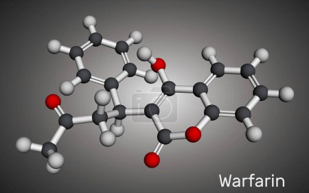 Warfarin drug molecule. Warfarin is an anticoagulant, used to prevent blood clot formation. Molecular model. 3D rendering. Illustration