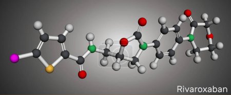 Rivaroxaban molecule. It is an anticoagulant and the orally active direct factor Xa inhibitor. Molecular model. 3D rendering. Illustration