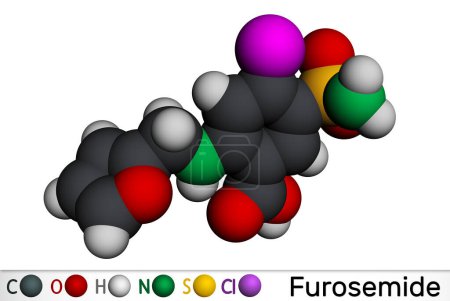 Téléchargez les photos : Furosémide, molécule de Frusemide. Médicament diurétique, est utilisé pour traiter l'hypertension et l'œdème. Modèle moléculaire. rendu 3D. Illustration 3D - en image libre de droit