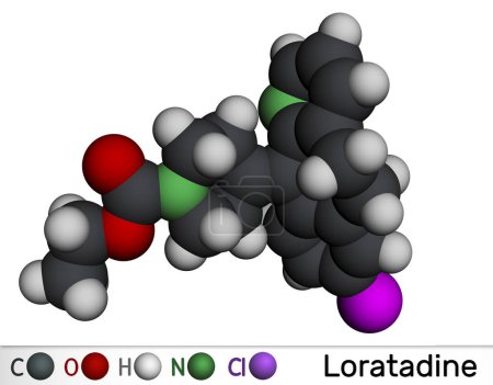 Loratadinmolekül. Es ist Antihistamin, wird zur Behandlung von Allergien verwendet. Molekulares Modell. 3D-Rendering. Illustration