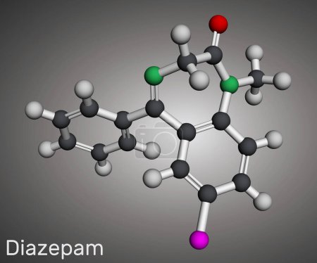 Diazepam drug molecule. It is long-acting benzodiazepine, used to treat panic disorders. Molecular model. 3D rendering. Illustration