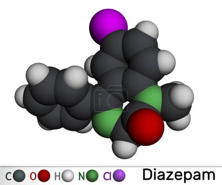 Diazepam-Wirkstoffmolekül. Es ist lang wirkendes Benzodiazepin, das zur Behandlung von Panikstörungen eingesetzt wird. Molekulares Modell. 3D-Rendering. Illustration