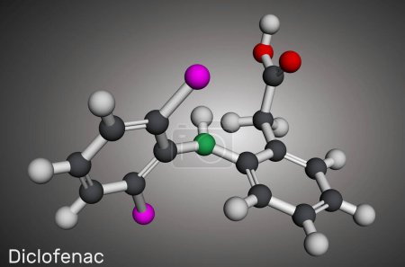 Diclofenac molecule, is a nonsteroidal anti-inflammatory drug NSAID drug. Molecular model. 3D rendering. Illustration